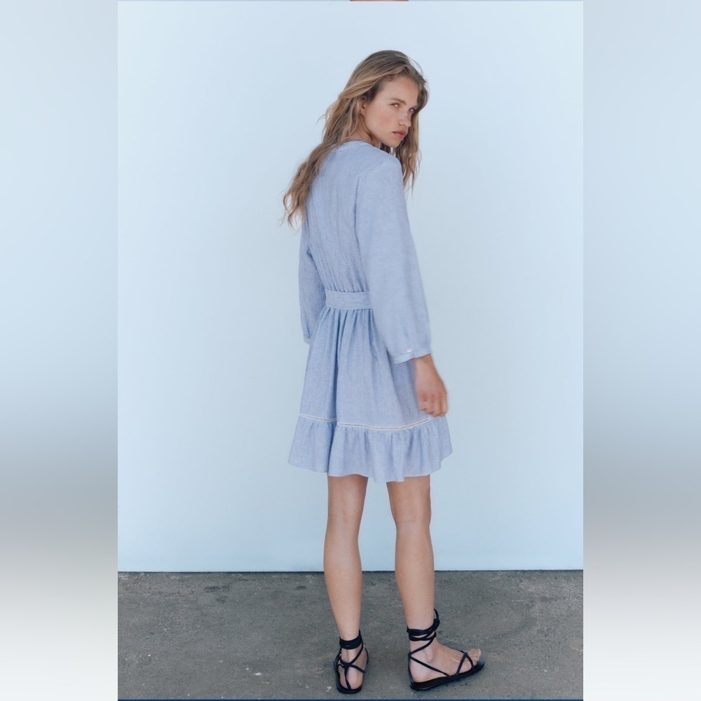New ZARA Linen Bland Striped Inserts V-neck Long Sleeve Mini Dress - Picture 5 of 8